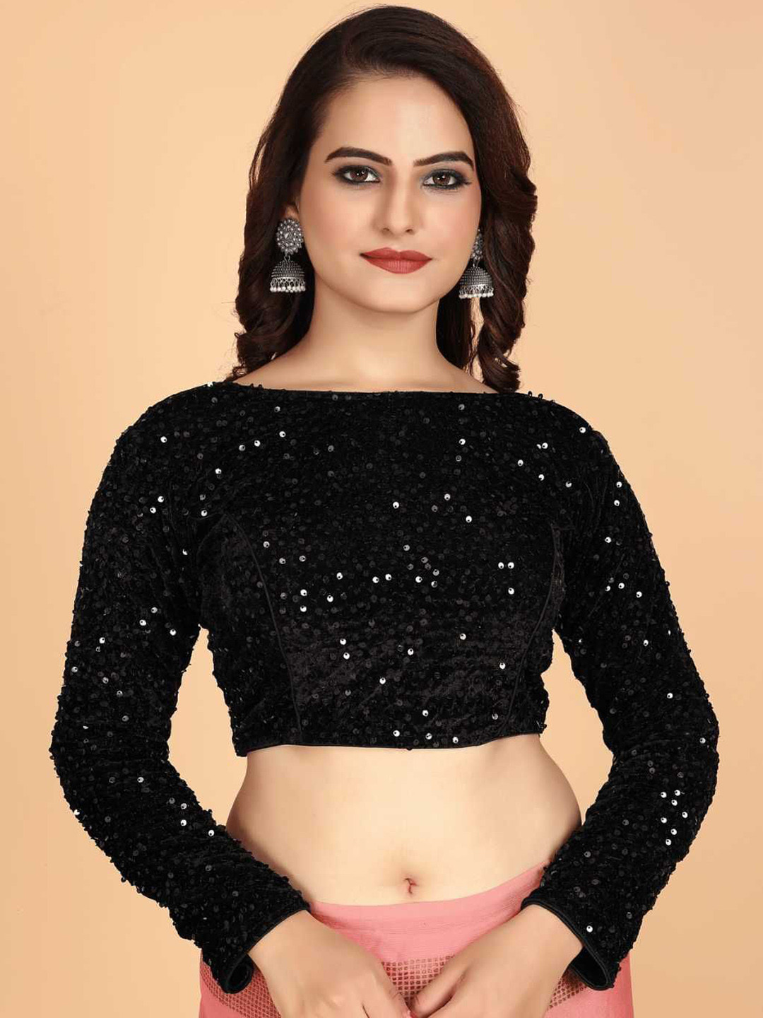 WIZULO TRENDZ Women Sequin Embellished Velvet Saree Blouse