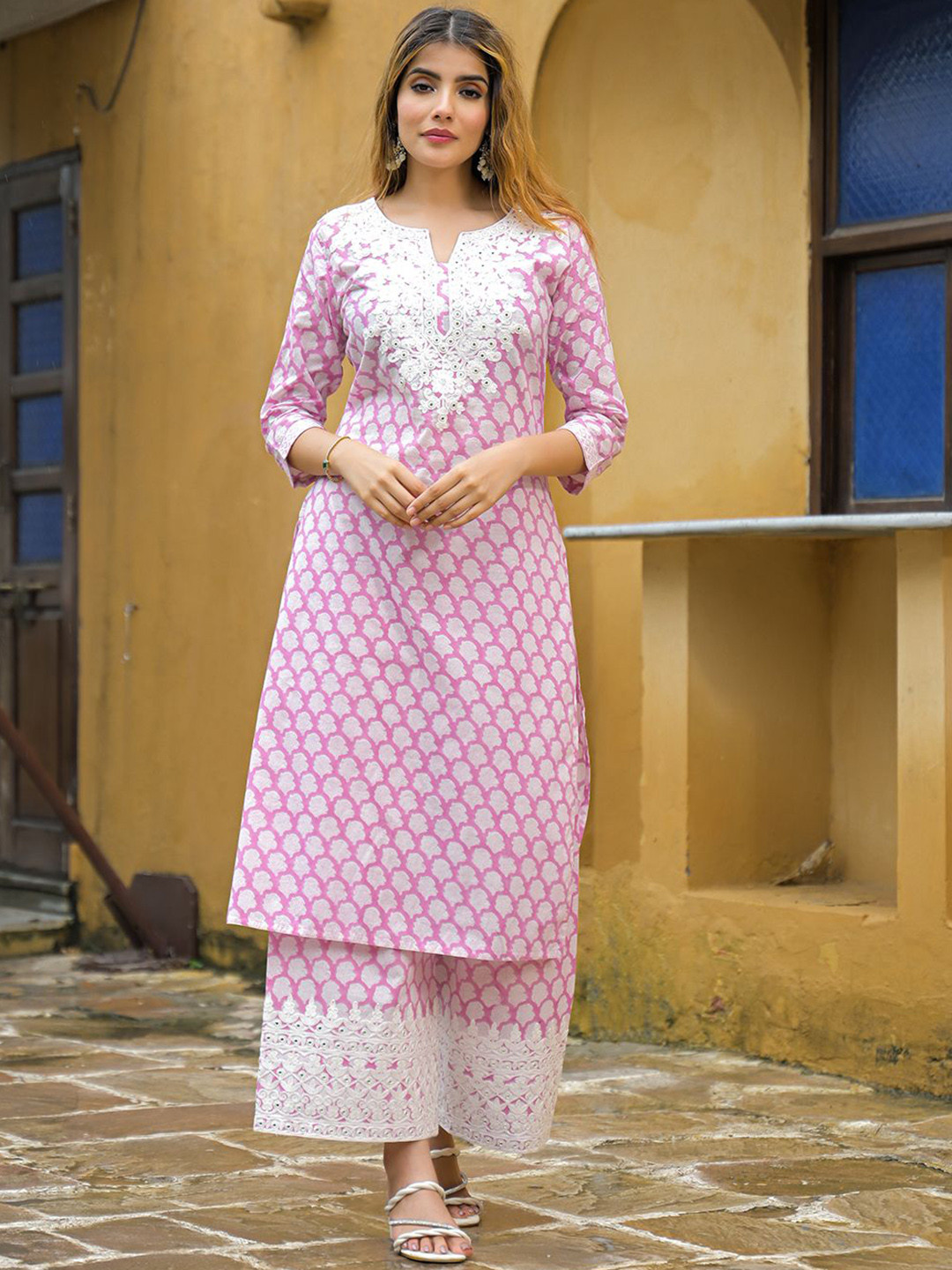 Divena Printed NotchNeck Mirror Work Pure Cotton Straight Kurta With Palazzos