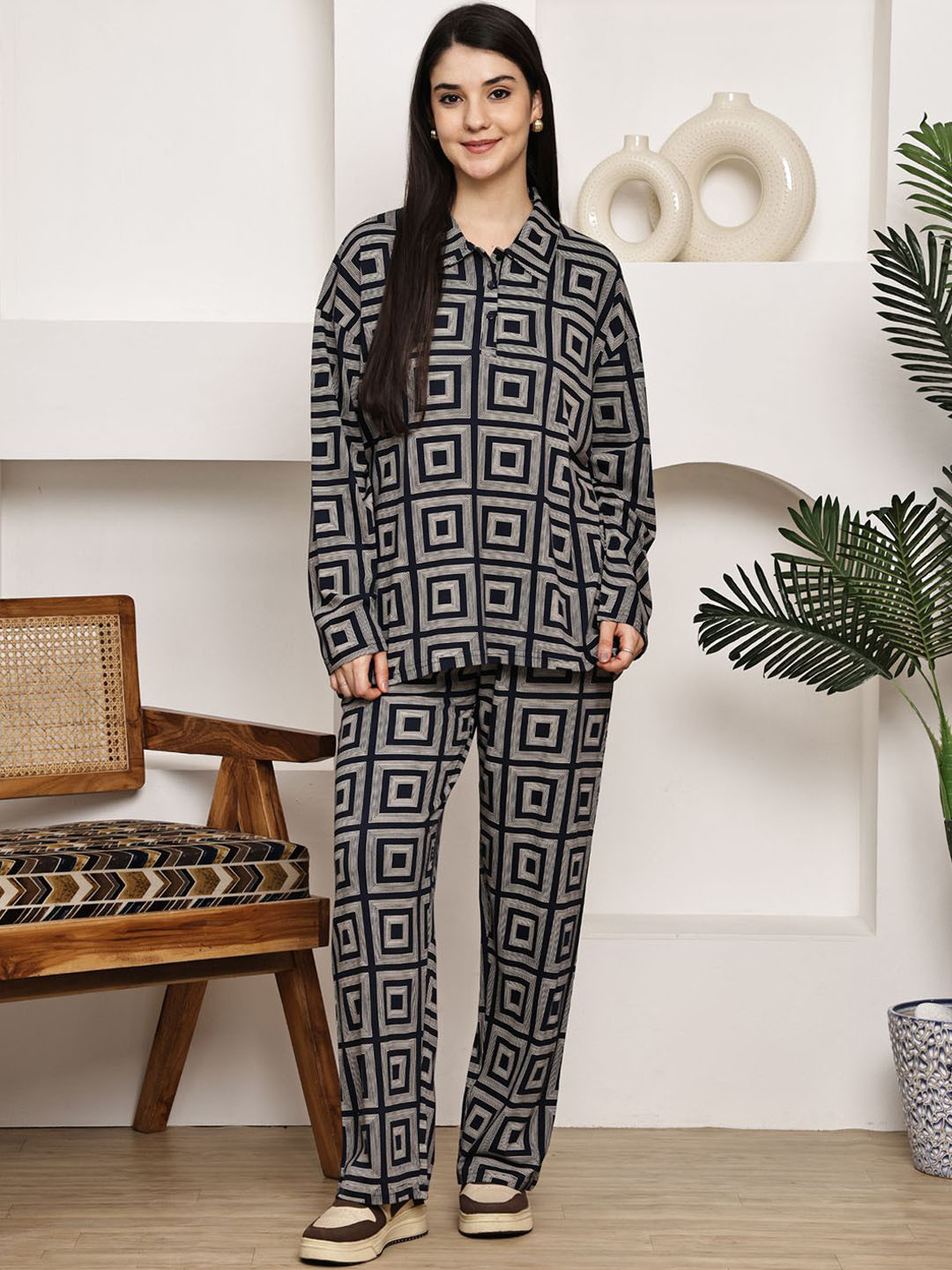 Kanvin Geometric Printed Shirt Collar Full Sleeves Night Suits