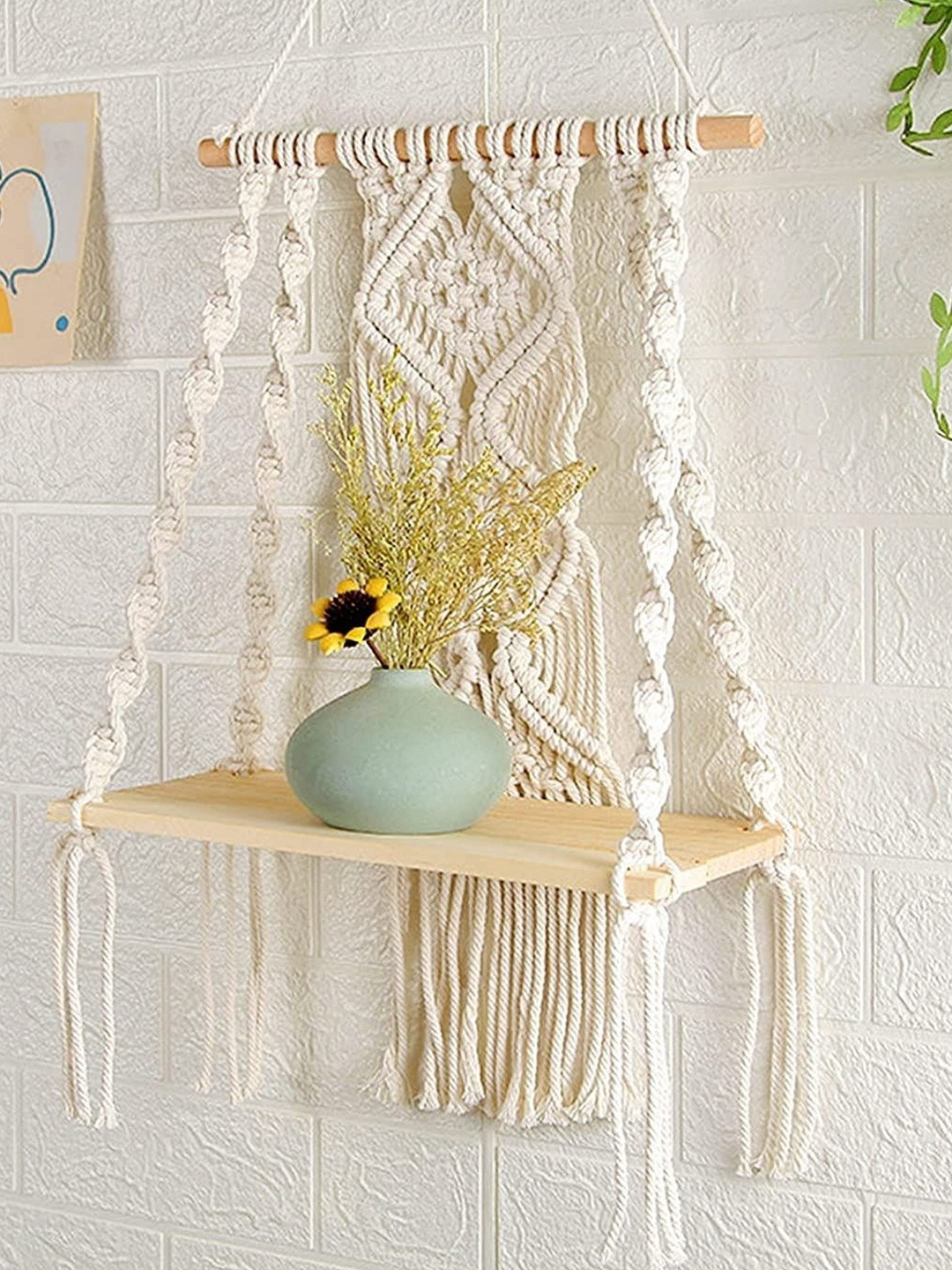 Aain Floating Boho Macrame Wooden Wall Hanging Shelf