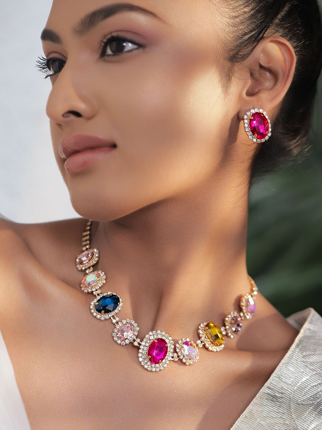 Rubans 18K Gold-Plated Multicolor Crystal AD & Cubic Zirconia Stone Statement Necklace Set