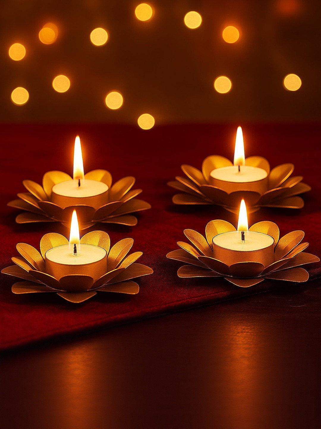 Go Hooked 4 Pcs Golden Metal Flower Tealight Holder Petal Design Diya Stand