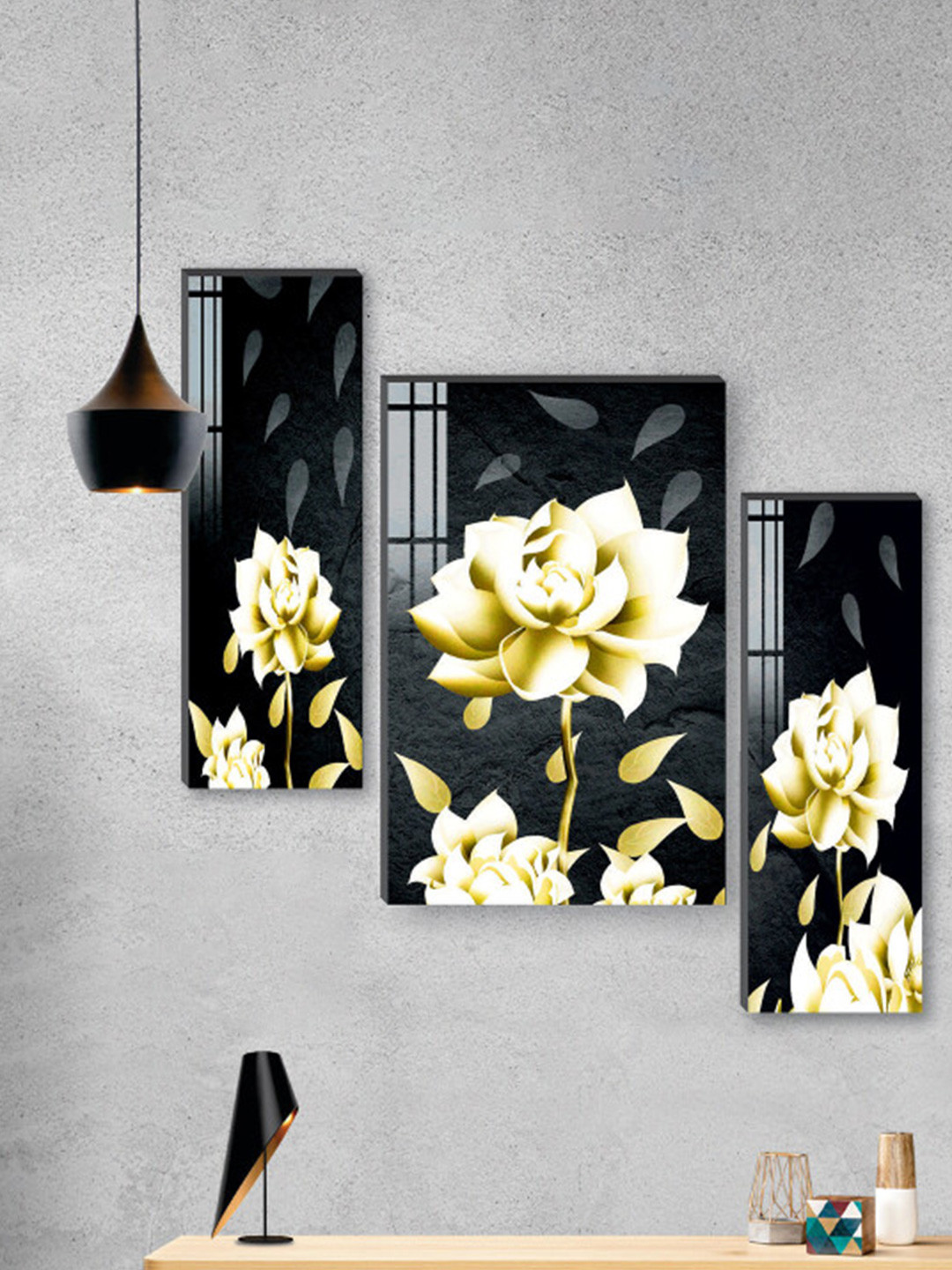 SAF Black 3-Pcs Pretty Flower Pot UV Textured Self Adhesive Framed Wall Painting