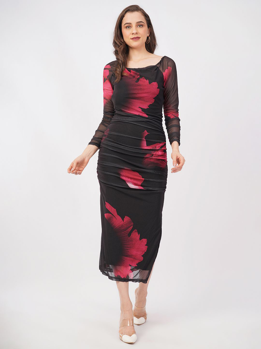 Deshi Girl Floral Printed Slits Gathered or Pleated Net Bodycon Maxi Dress