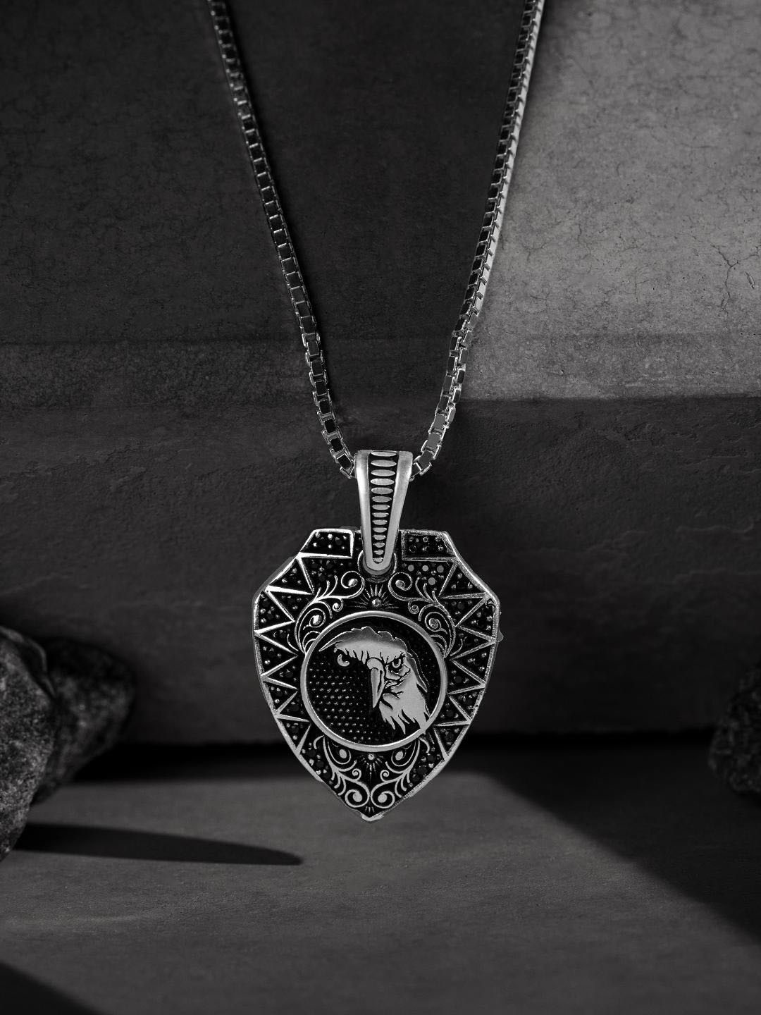 ORIONZ Men Sterling Silver Oxidised Eagle Shield Shaped Pendant