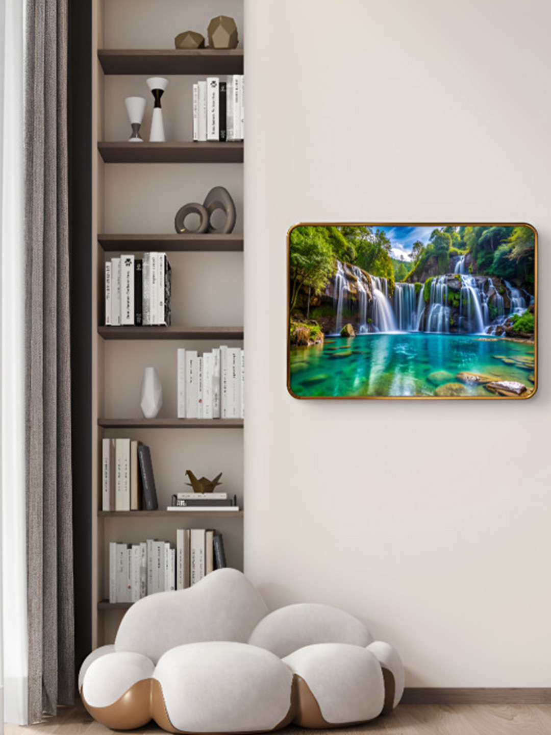 SAF Green & White Waterfall Sparkle Lamination Finished Canvas Wall Painting