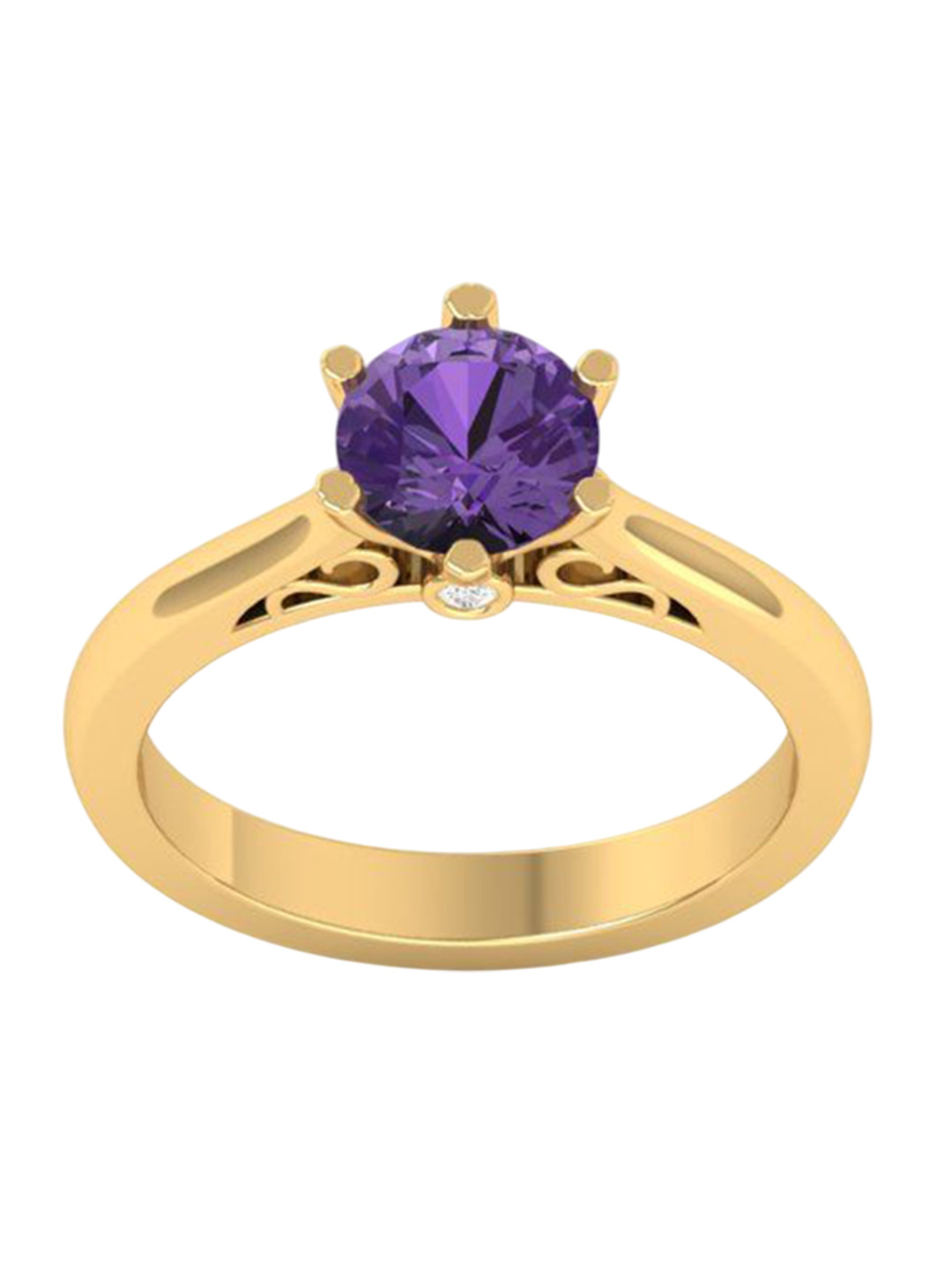 ventino Sterling Silver 14K Gold Plated Amethyst & Diamond Solitaire Studded Finger Ring