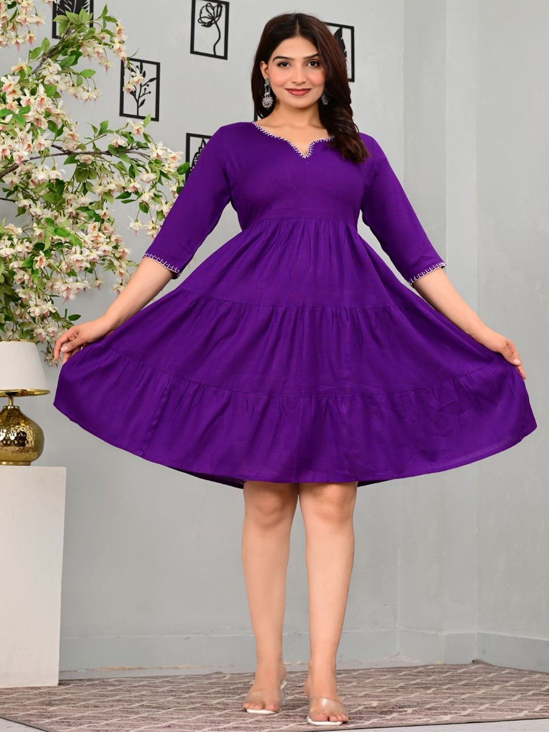 BHUMI CREATION Women Gathered or Pleated Tiered V-Neck Fit & Flare Dress