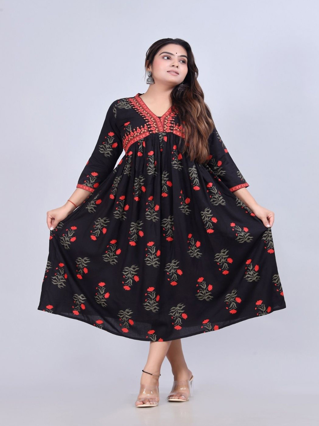 ETZIN Floral Printed V Neck Fit and Flare Midi Dress