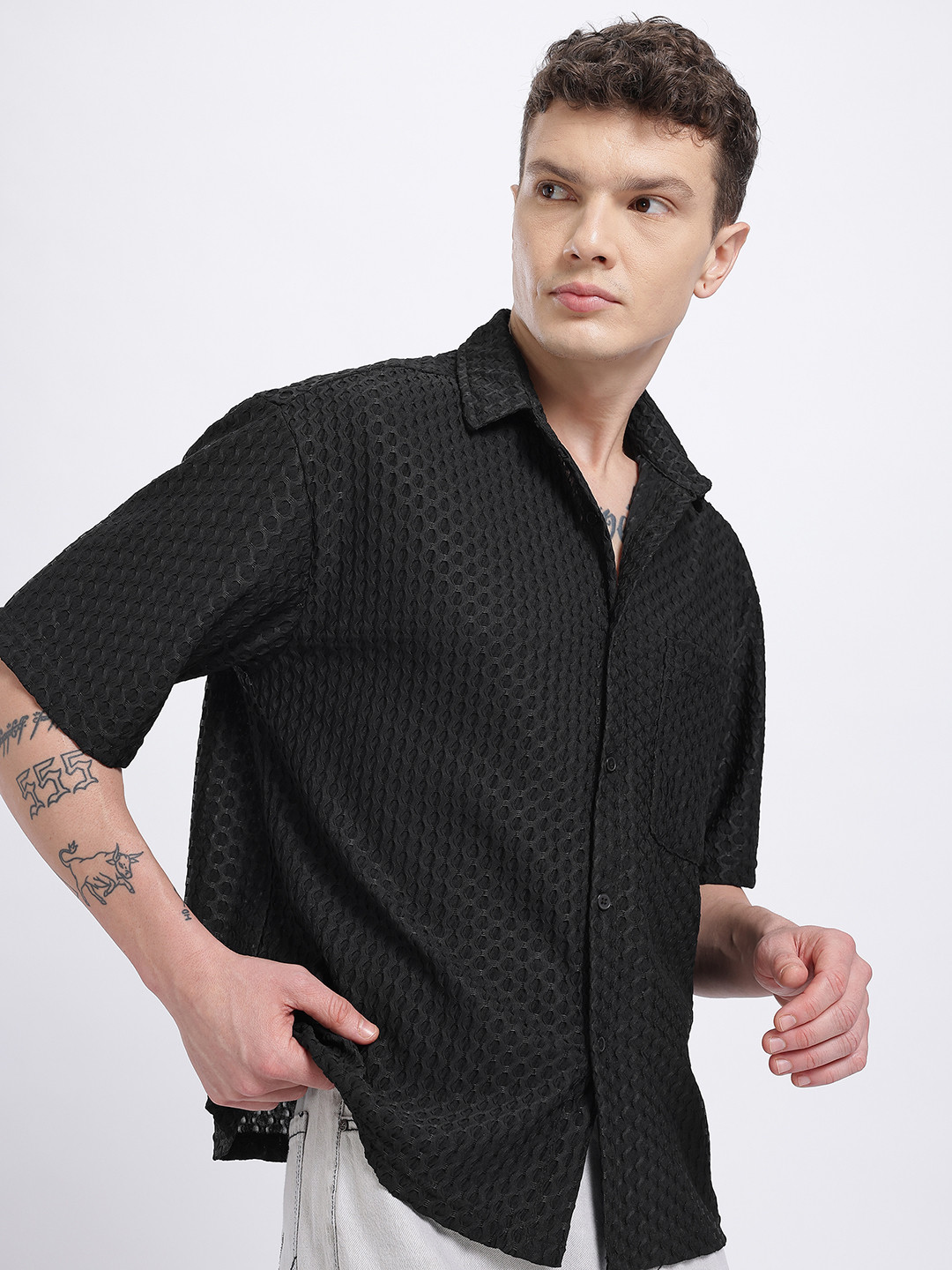 glitchez Waffle Knit Textured Relaxed Shirt