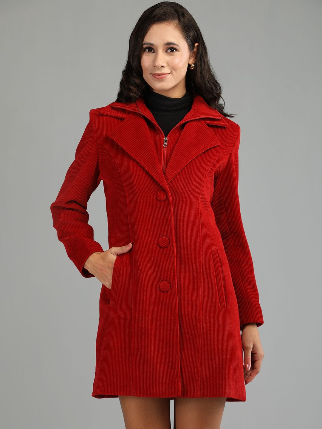 Roadster Women Red Polyester Casual Regular Fit Single Breasted Notched Lapel Winter Coat