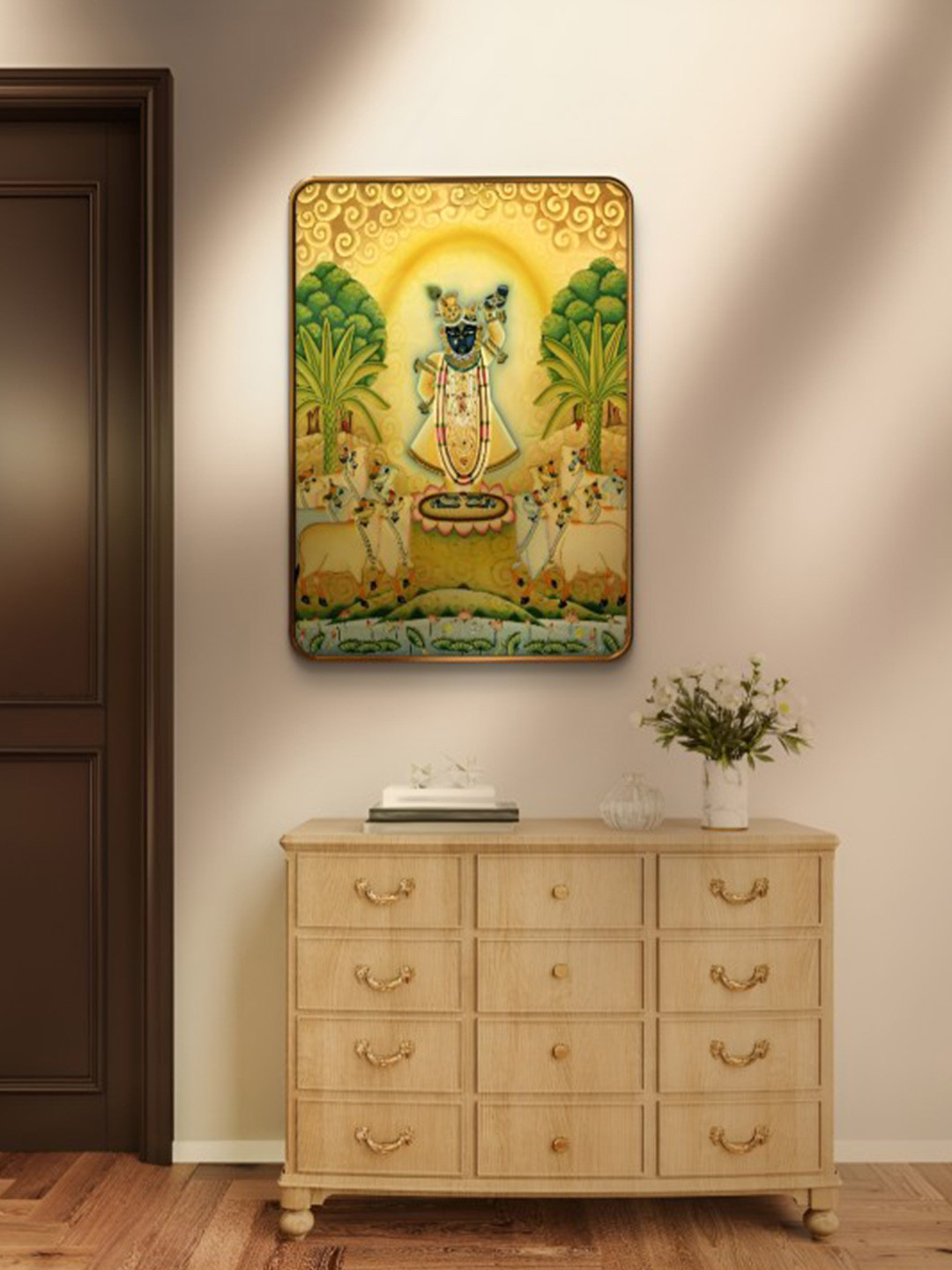 SAF Green & Yellow Shrinath ji Pichwai Sparkle Lamination Finished Wood Wall Painting