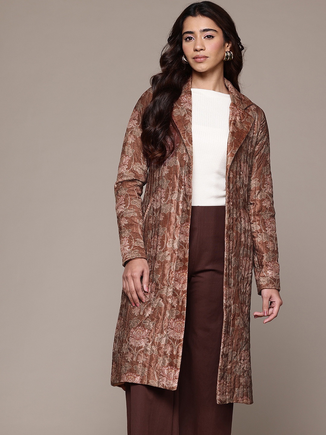 aarke Ritu Kumar Aadhiya Floral Print Quilted Style Velvet Longline Front-Open Overcoat