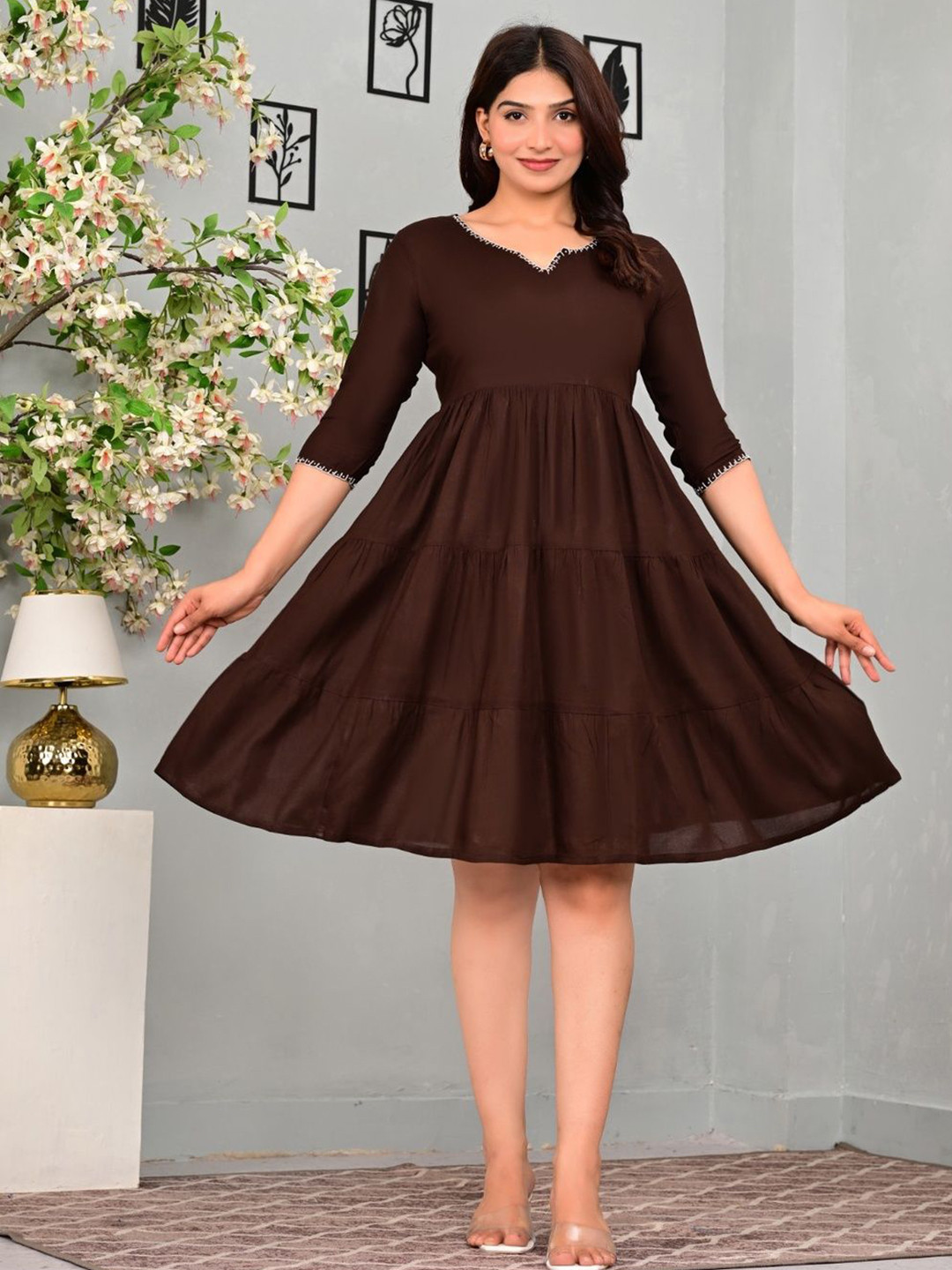 Set to Shine Shop Women V-Neck Embroidered Tiered Fit and Flare Dress