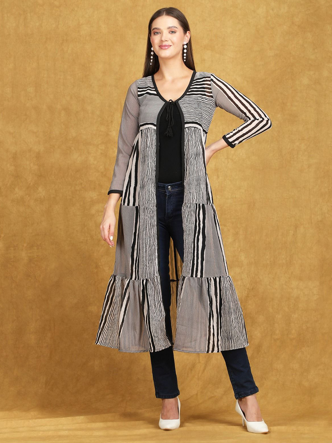 AD Fashion Striped V-Neck Longline Shrug