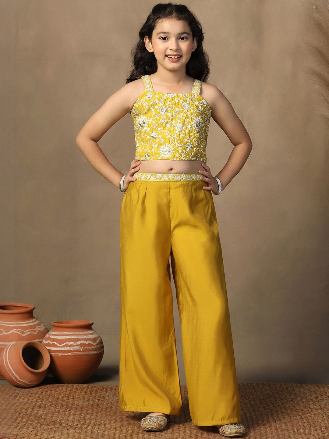 Sangria Girls Yellow Chanderi Embroidered Crop Top & Palazzo Set
