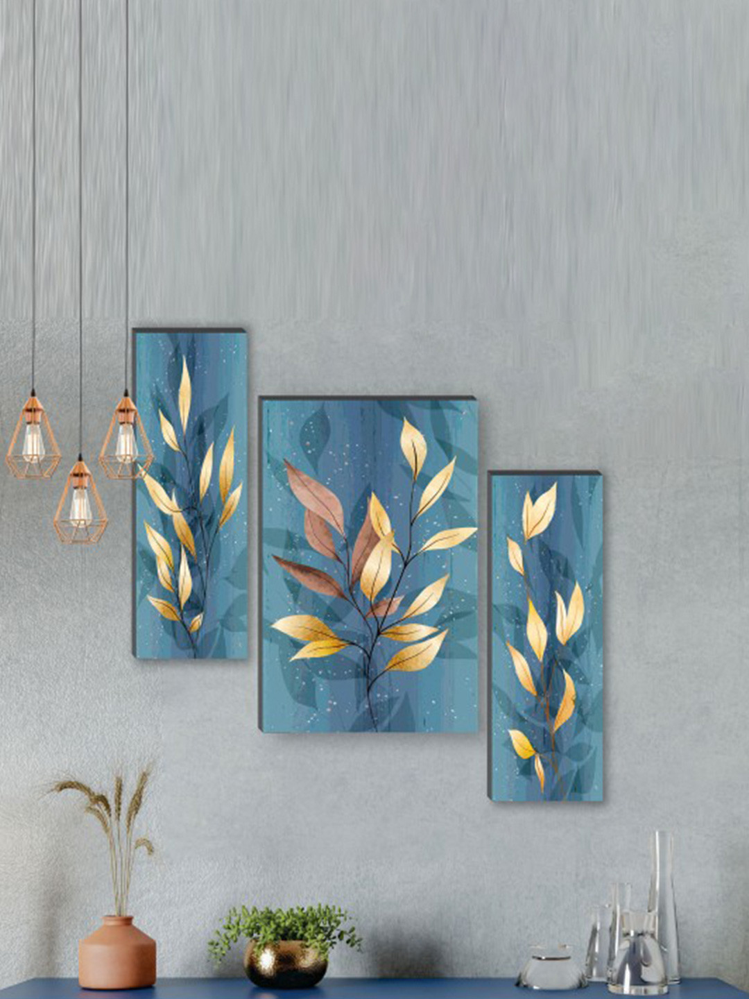 SAF 3-Pcs Blue & Brown Pretty Flower Pot UV Textured Self Adeshive Framed Wall Painting
