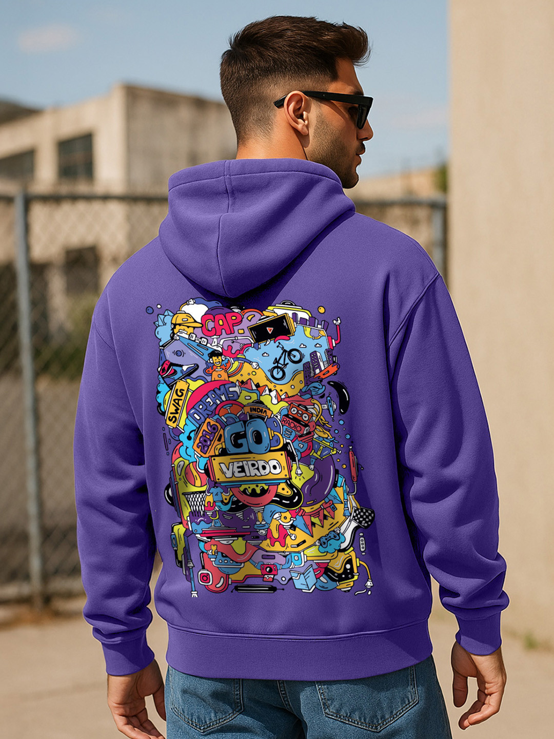 VEIRDO Men Purple Graphic Printed Cotton Fleece Oversized Hooded Pullover Sweatshirt
