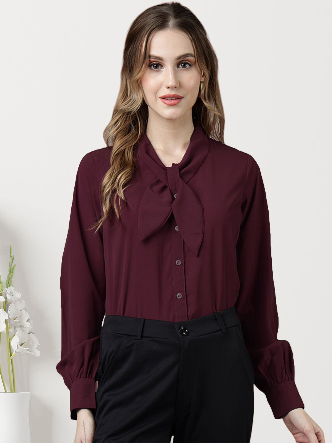 THE FAB FACTORY Women's Solid Shirt Style Tie-Up Neck Cuffed Sleeves Top