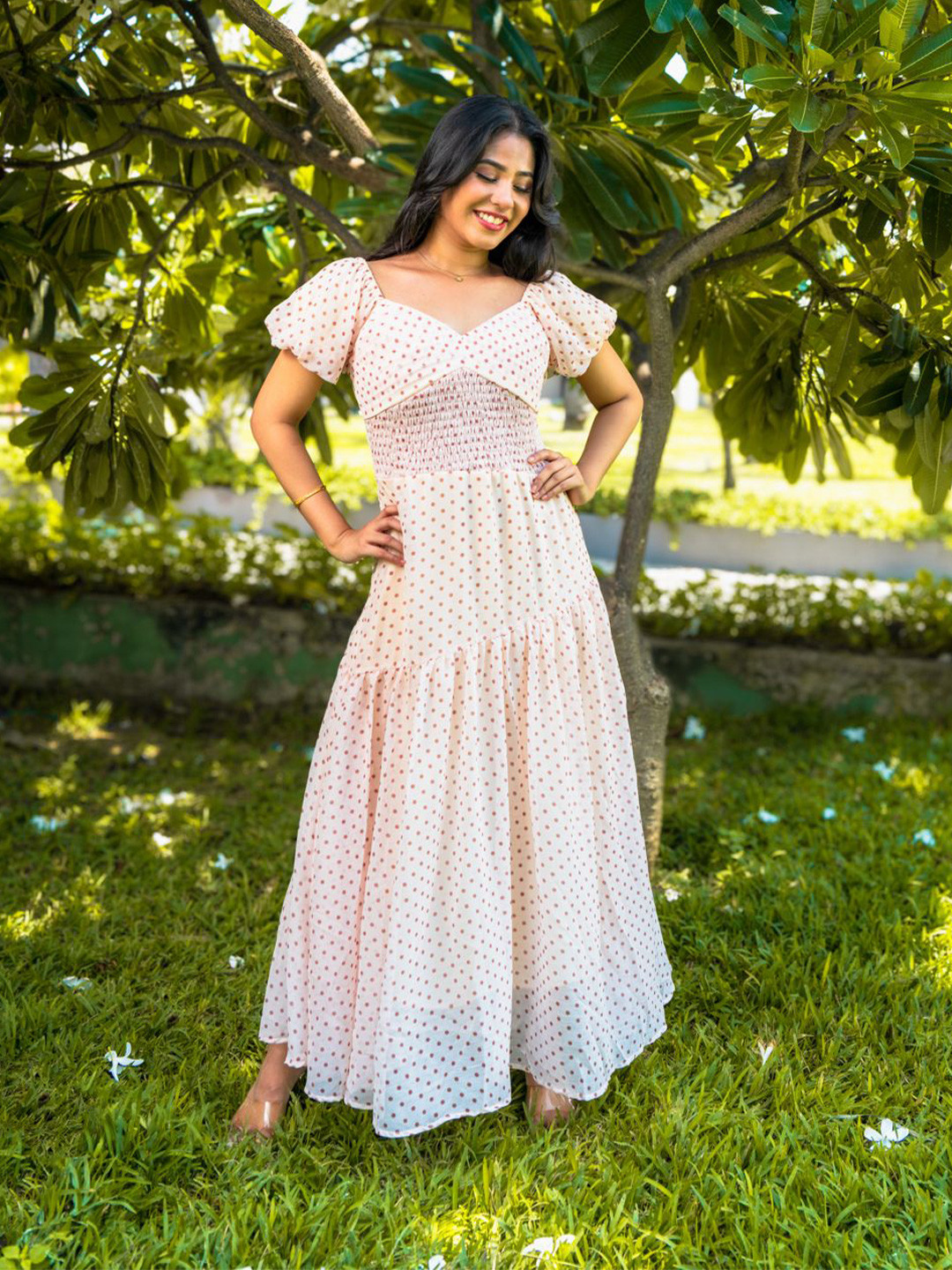 Valere Polka Dot Printed Sweetheart Neck Puff Sleeve Chiffon Maxi Dress