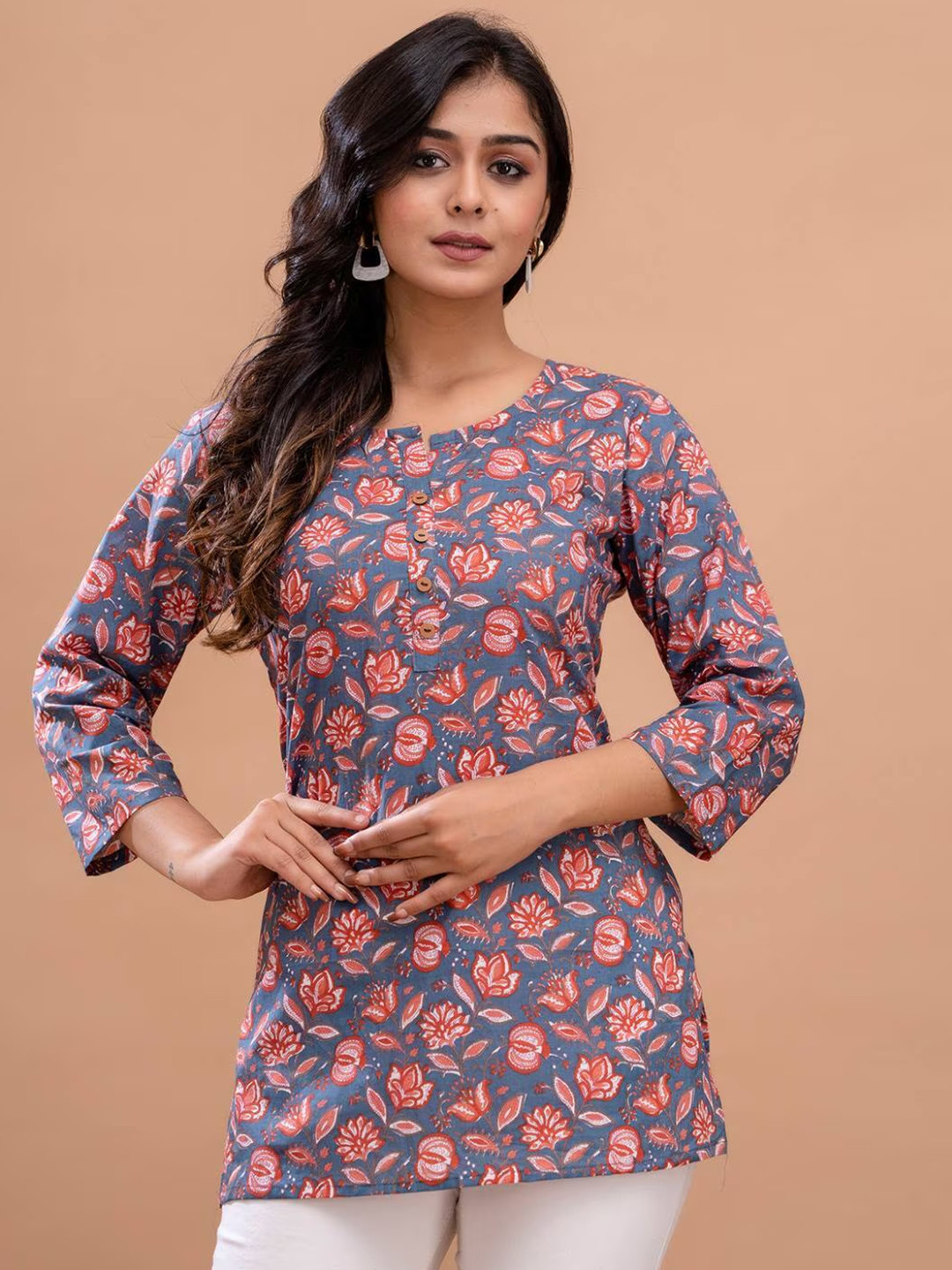 LIVING ROOTS Floral Block Printed Pure Cotton Straight Casual Short Kurti
