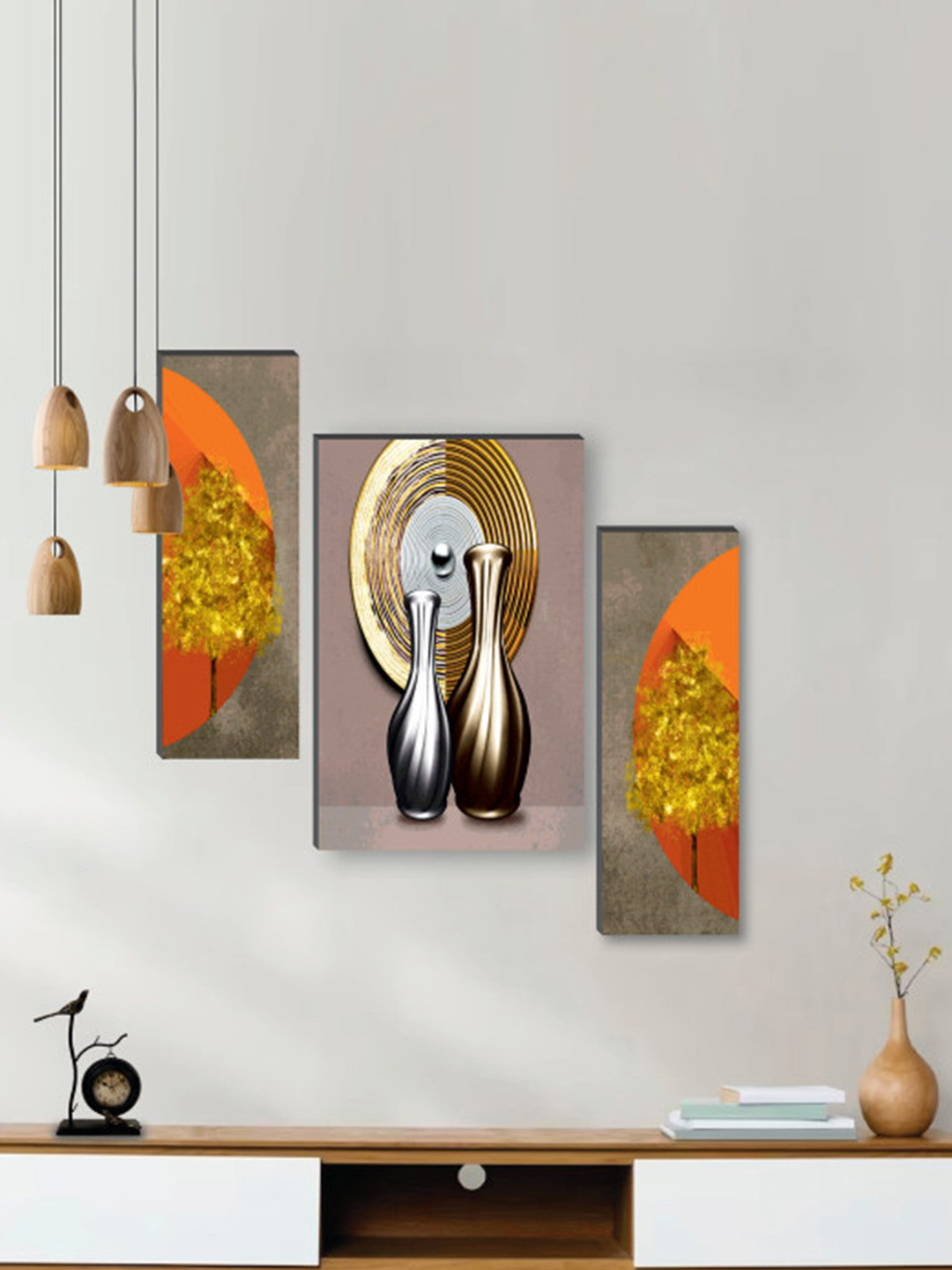 SAF Orange Colored 3-Pcs Pretty Flower Pot UV Textured Self Adeshive Framed Wall Painting