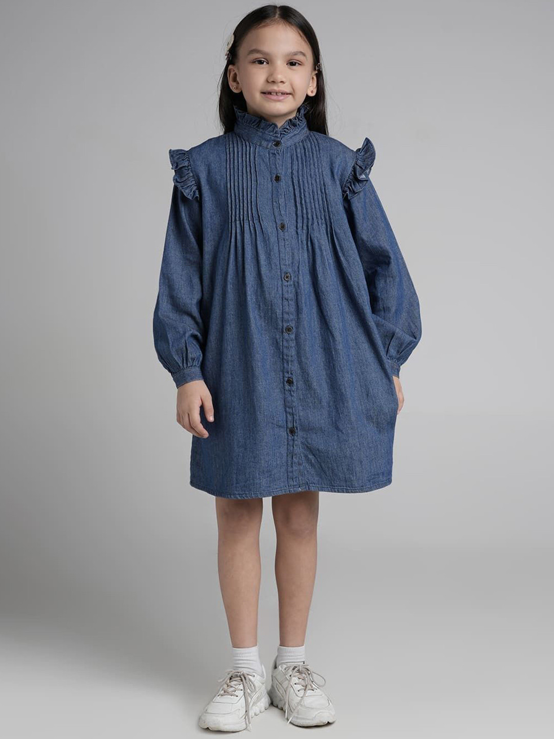 UNDER FOURTEEN ONLY Girls Cuffed Sleeves Ruffles Denim Shirt Dress