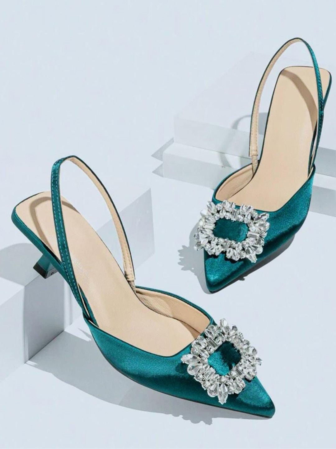 KIVE FASHIONS Leather Embellished Peep Toe Kitten Sandals with Buckles