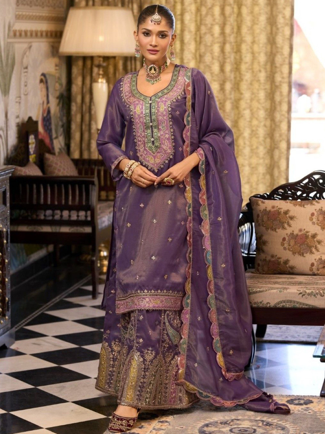 AUTUMN LANE Women Garja Orchid Full Work Kurta with Sharara & Dupatta