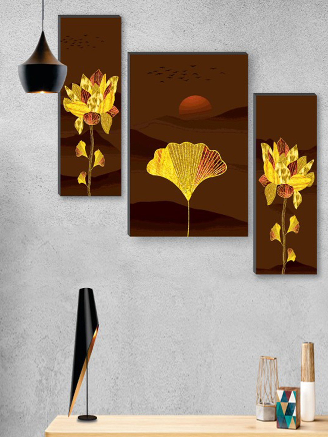 SAF Brown 3 Pcs Pretty Flowerpot UV Textured Self Adhesive Framed Painting Wall Art