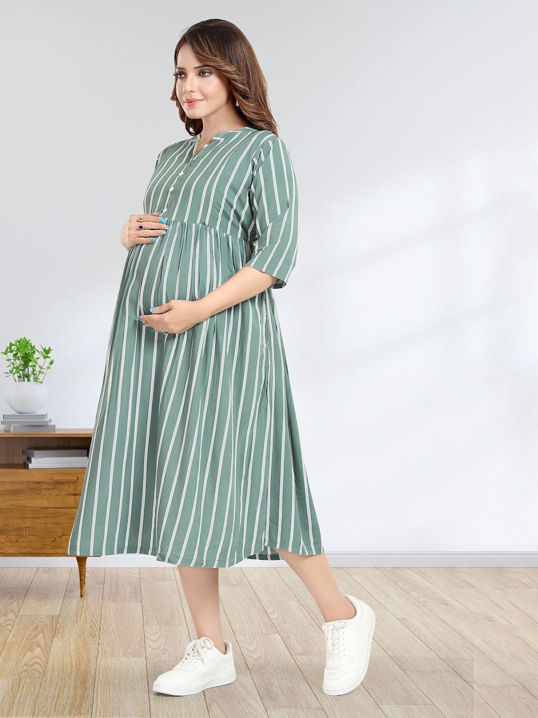 MomsBae Women Striped Mandarin Collar Maternity Feeding Midi Dress