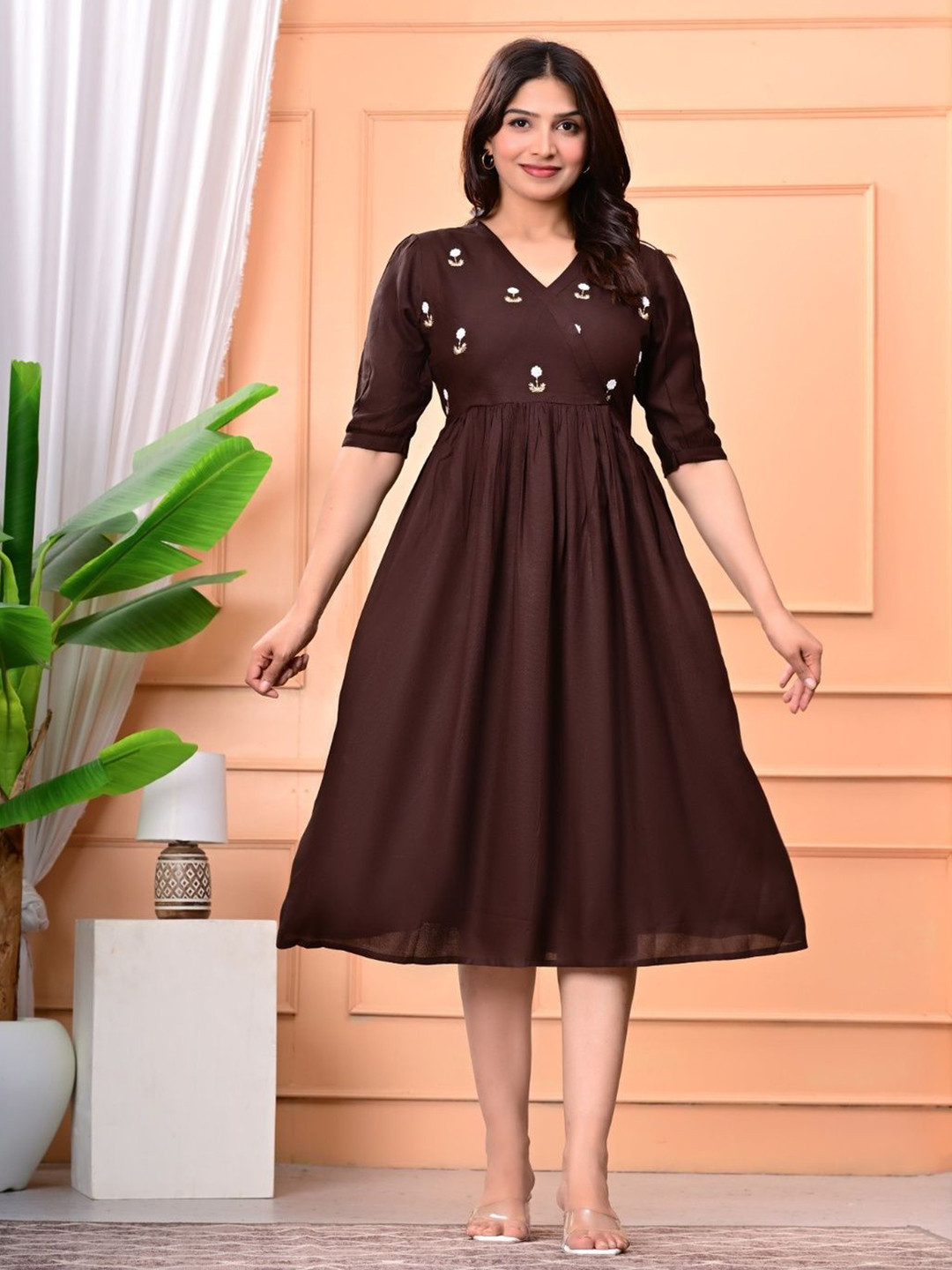 Orna Design Women Floral Embroidered A-Line Midi Dress