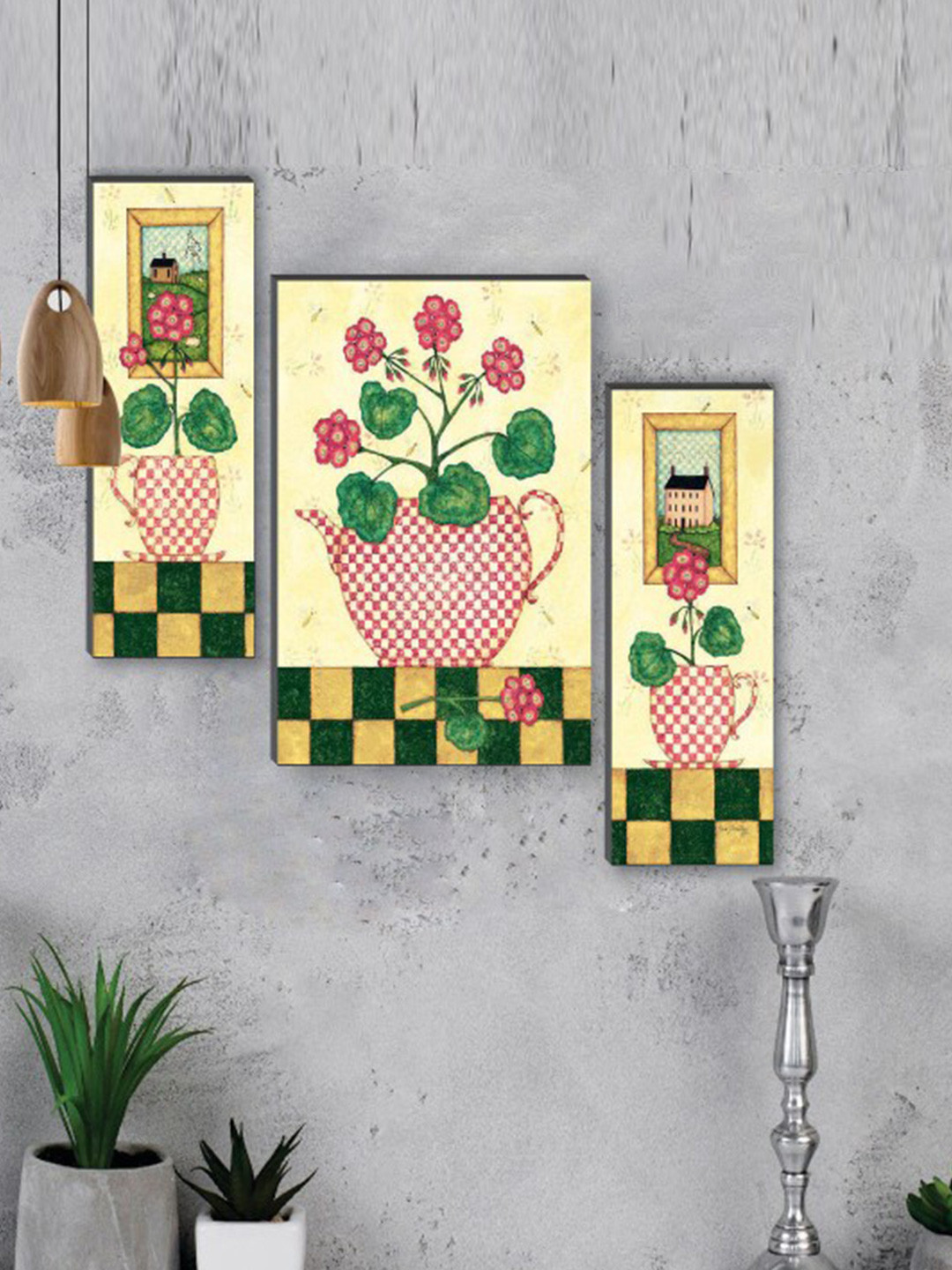 SAF Yellow & Green 3 Pcs Pretty Flowerpot UV Textured Self Adhesive Framed Wall Paintings