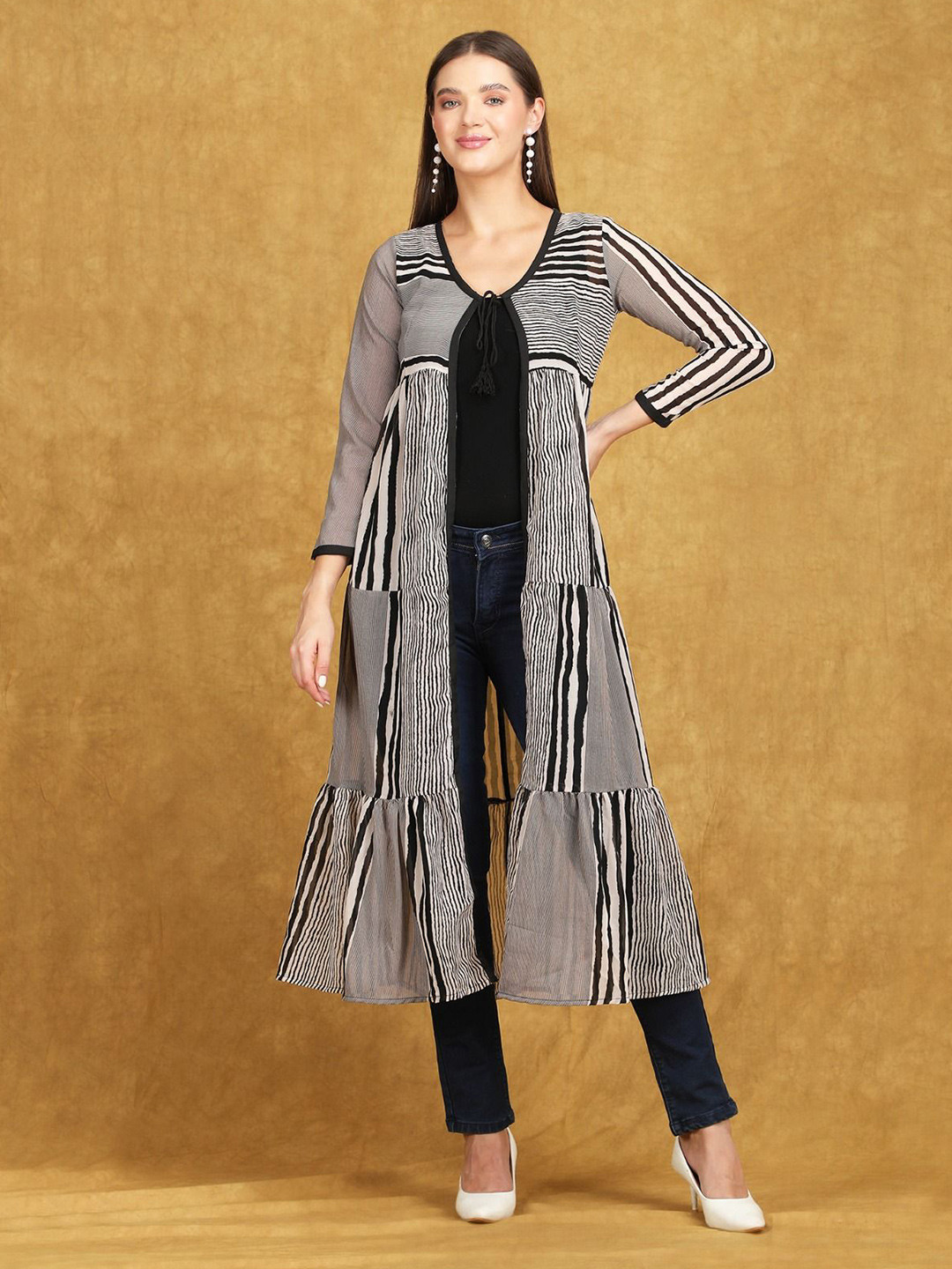 Dubai Collection Striped V-Neck  Open Front Longline Shrug