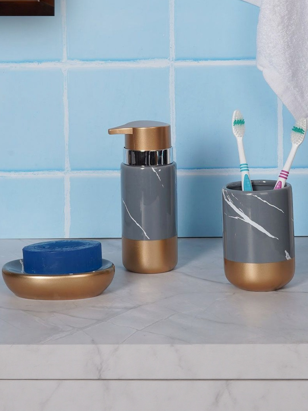 Aarvi Decor Set Of 3 Soap Case Toothbrush Holder & Soap Dispenser