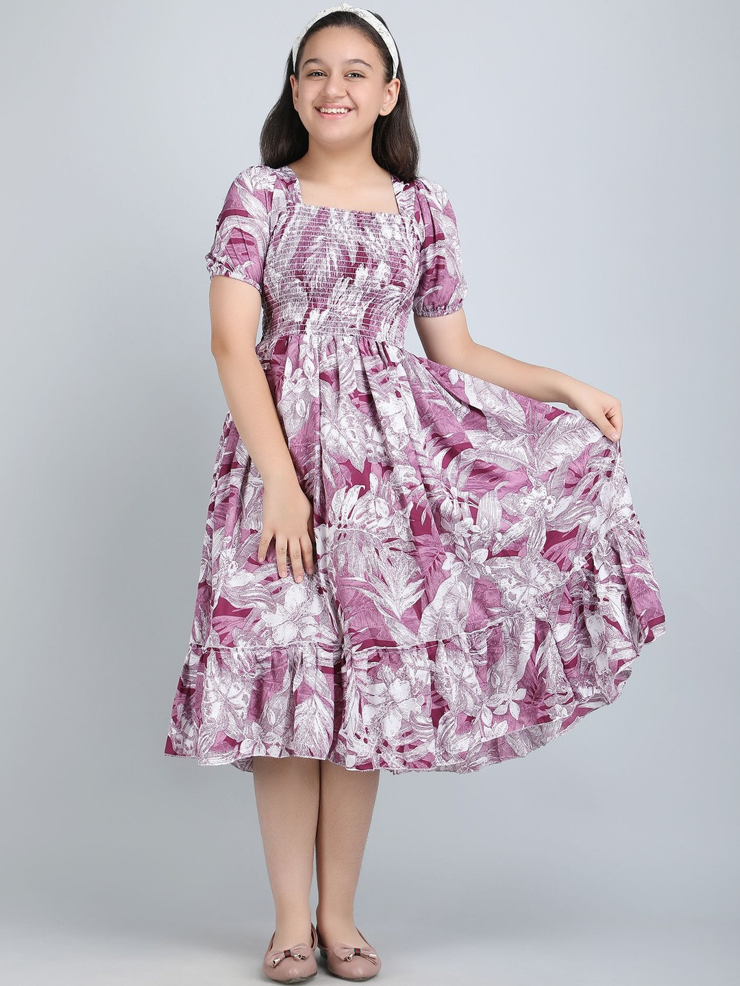 PaheliRani Girls Purple Fit and Flare Square Neck Smocked Cotton Casual Dresses