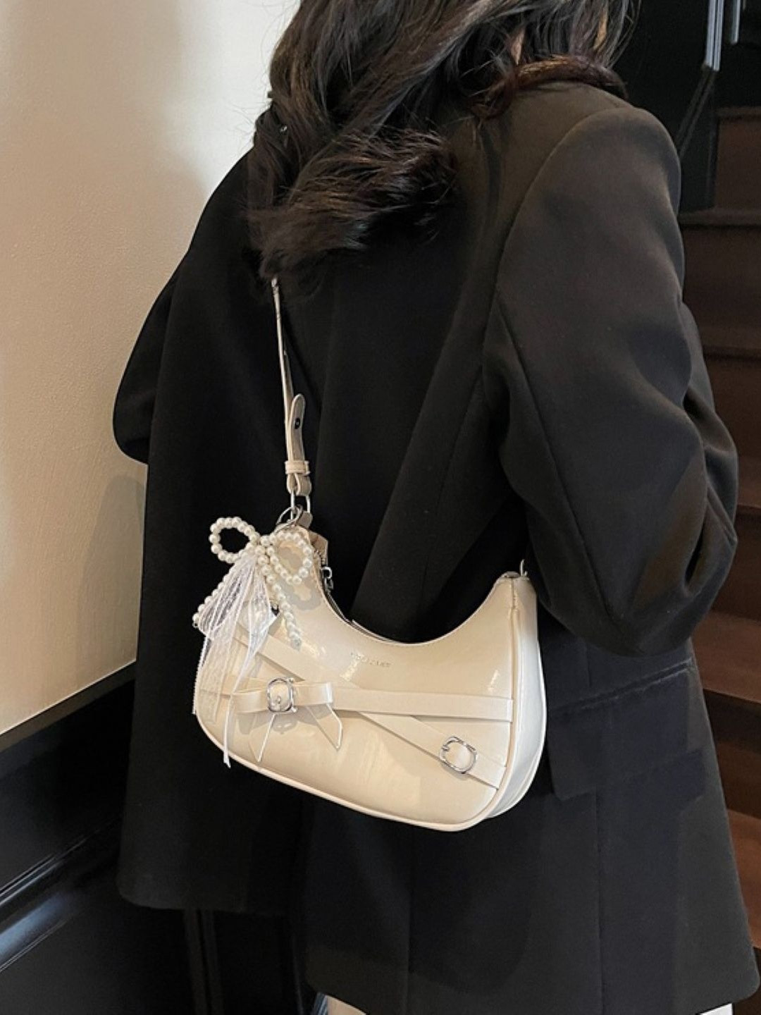 CORSICA Women White Solid PU Half Moon Regular Casual Shoulder Bag