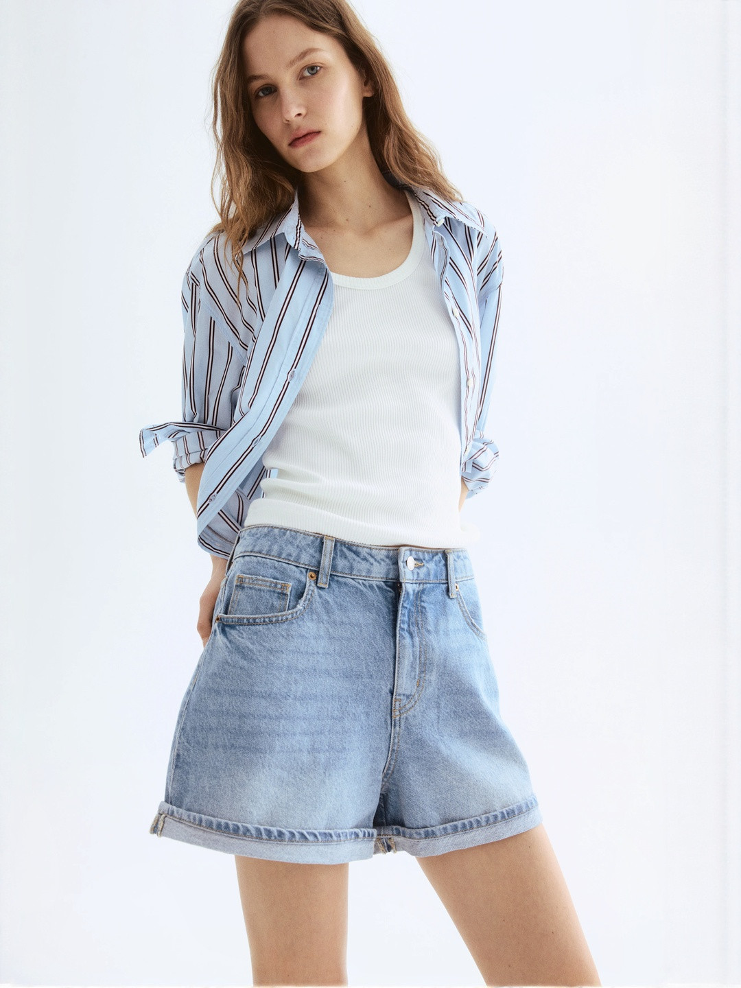 H&M Women Pure Cotton High-Waisted Denim Shorts