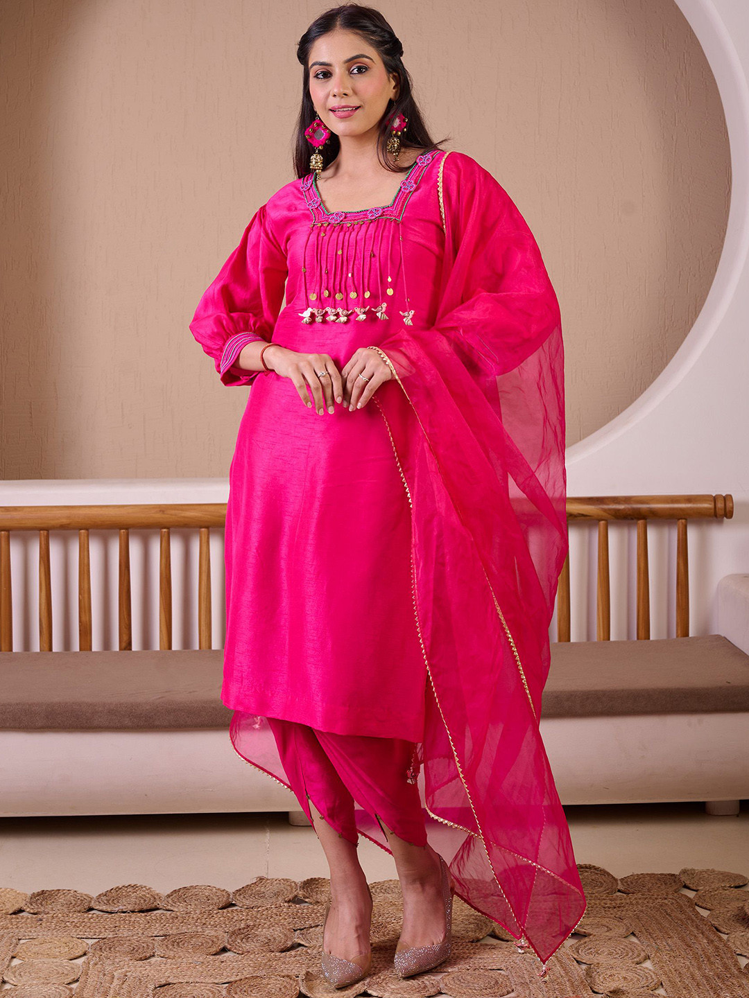 Pearls and Pastels Women Solid Kurta with Dhoti Pants & Dupatta