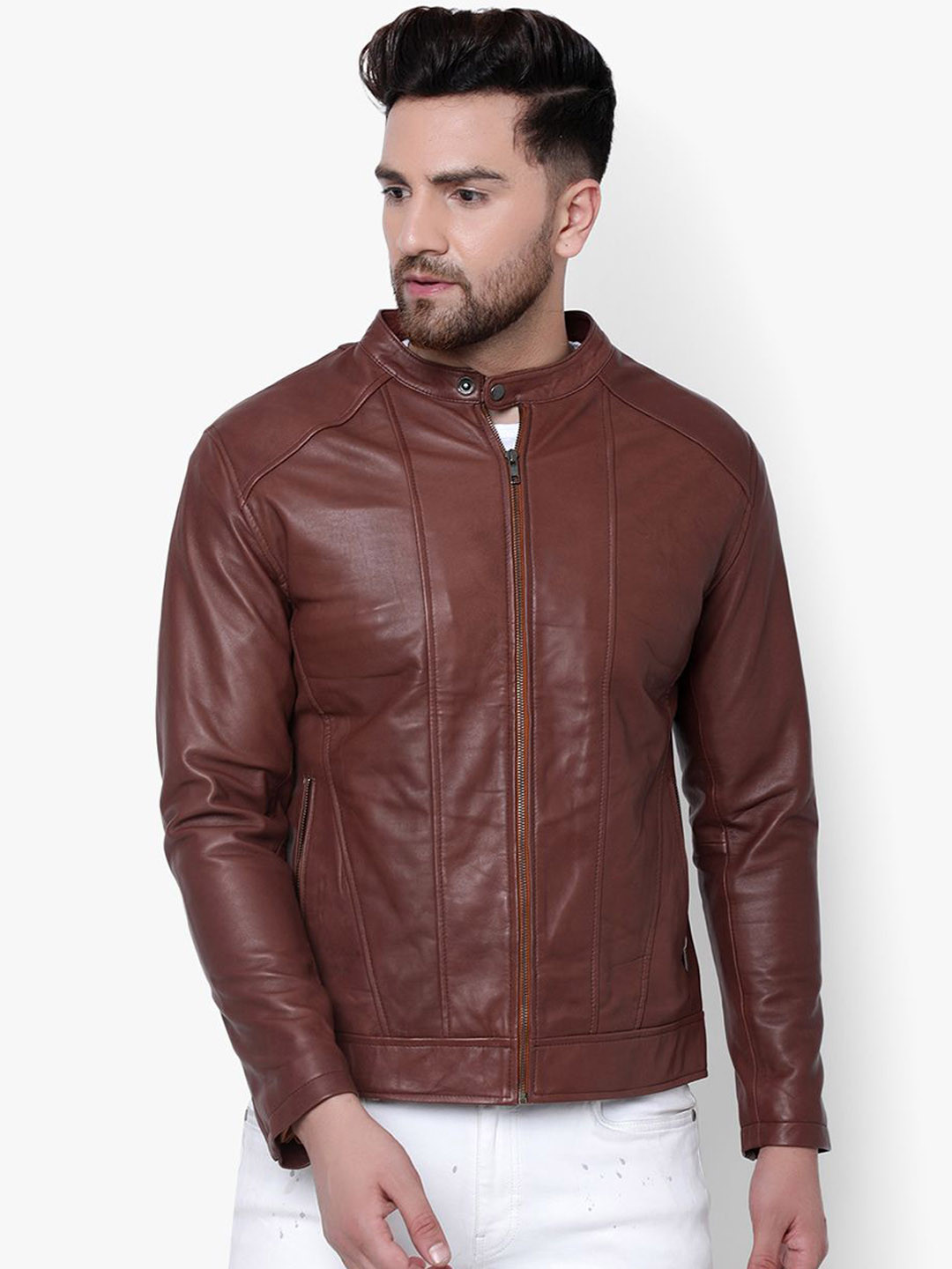 CITY ROYALTY Men Mandarin Collar Solid Leather Jacket
