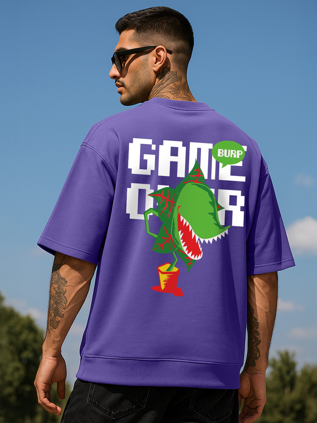 VEIRDO Men Purple Typography Printed Relaxed Fit Pure Cotton Fleece Oversized Tshirt