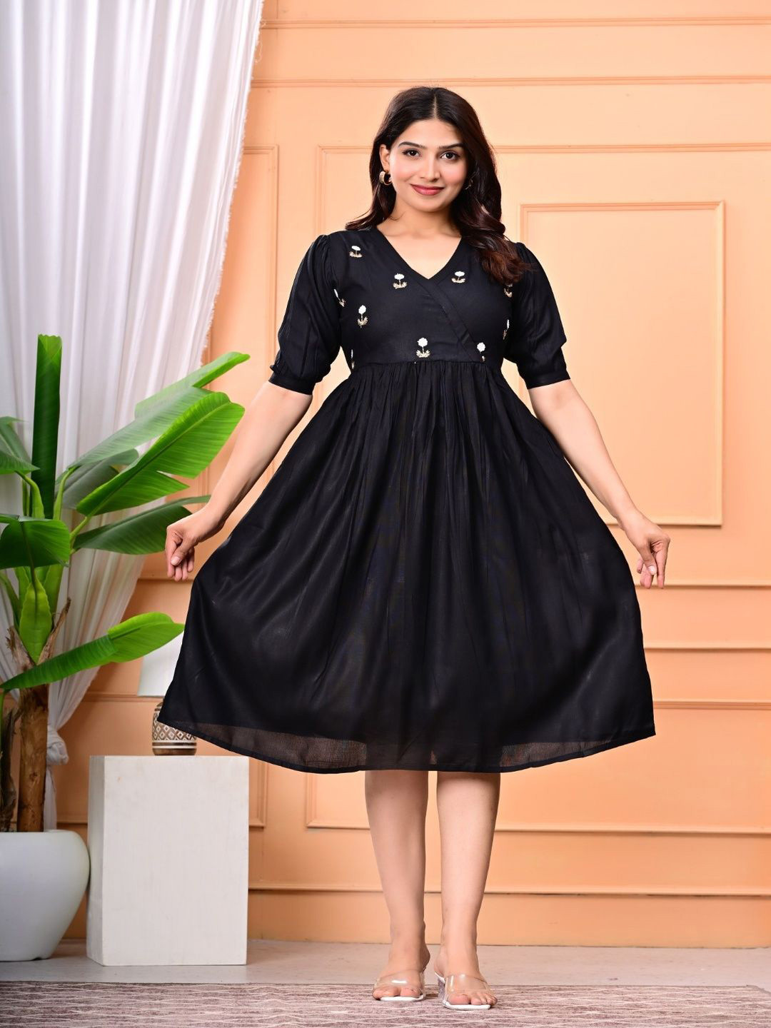 Drizzle Clicks Floral Embroidered Fit & Flare Dress