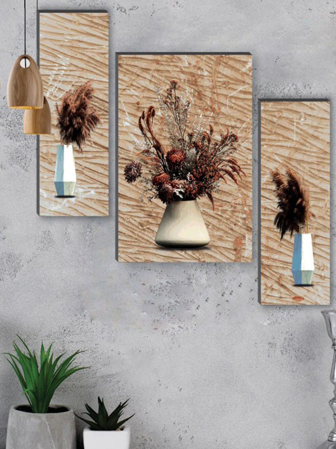 SAF Brown & Beige 3 Pcs Pretty Flower Pot UV Textured Self Adeshive Framed Wall Painting