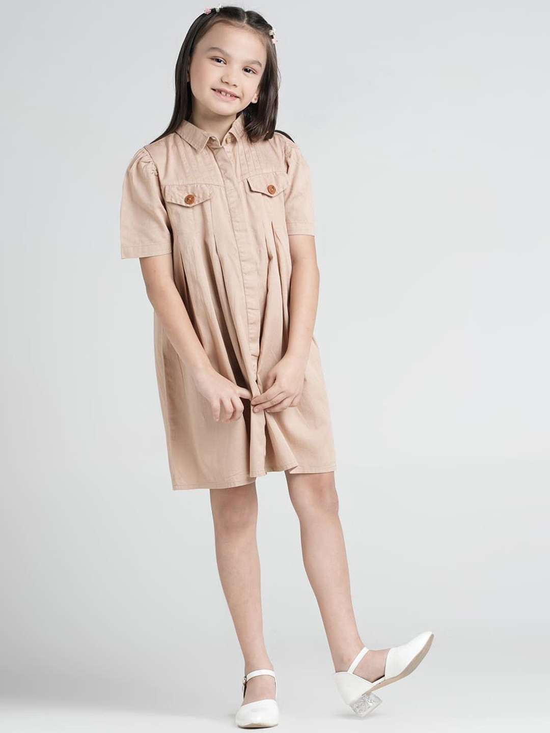 UNDER FOURTEEN ONLY Girls Pleated Detail Cotton Shirt Dress