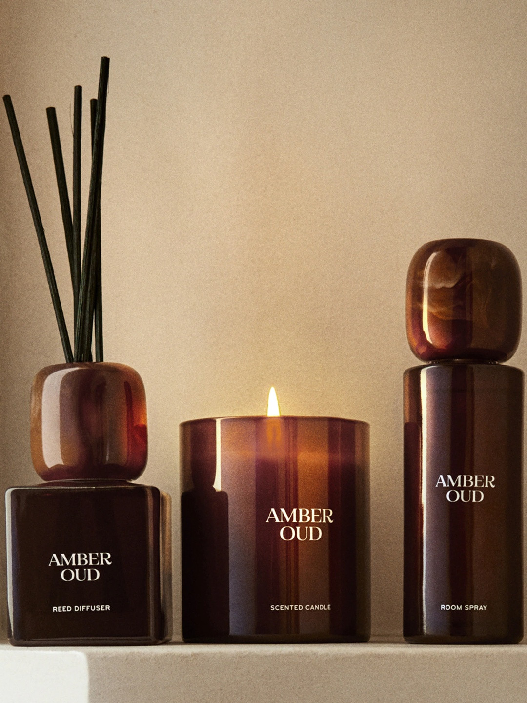 H&M Candle in Glass Holder Scented 1 Wick Amber Oud Solid Geometric Regular Jar Candles