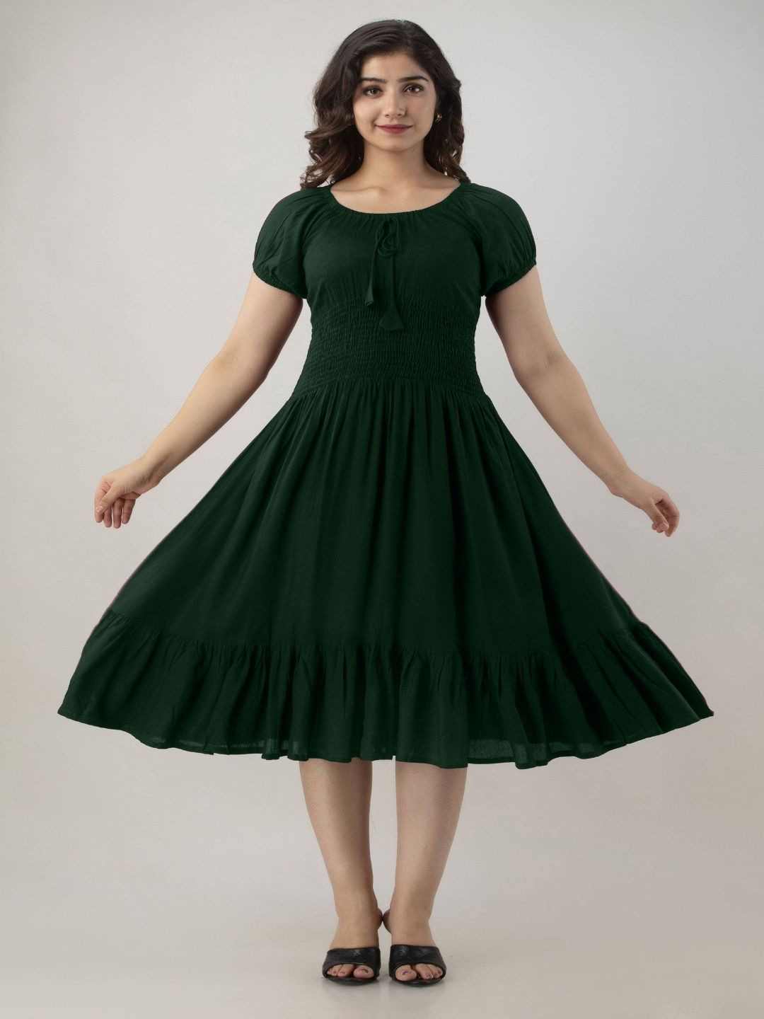 JIYANSH SHOP  Women Solid Puff Sleeve Fit and Flare Dress