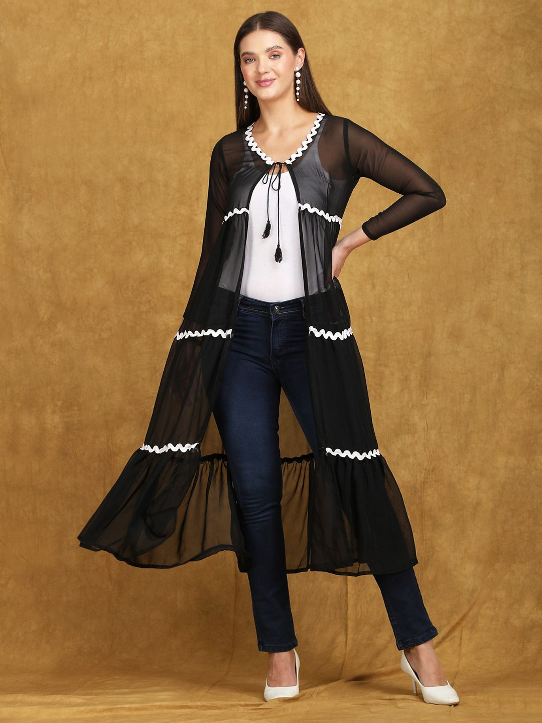 AD Fashion Striped V-Neck Longline Shrug