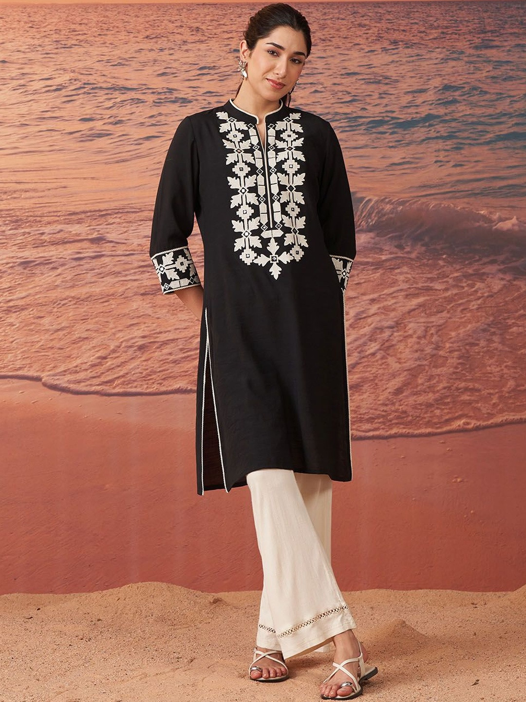 Lakshita Women Black Embroidered Mandarin Collar Rayon Kurti