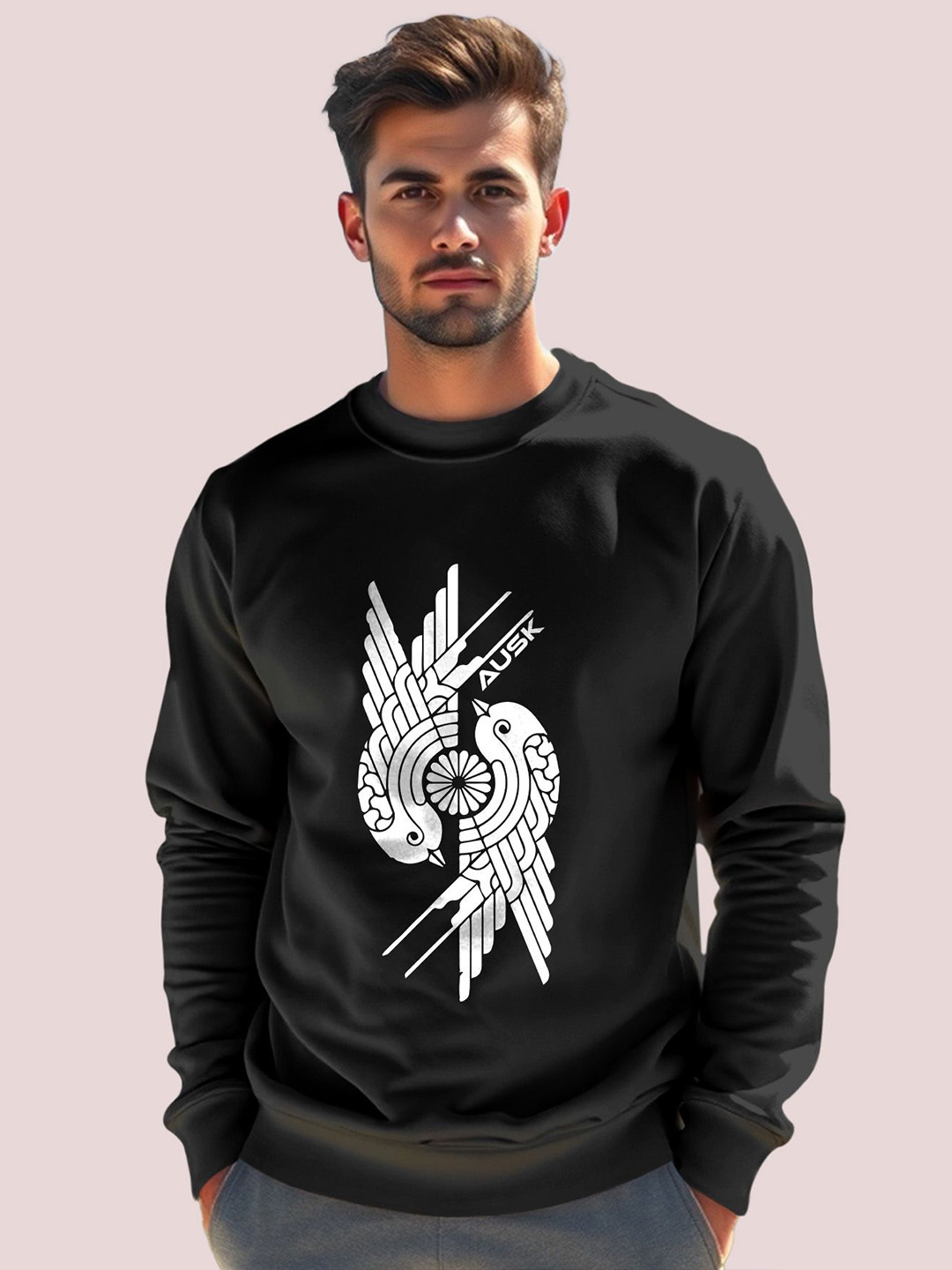 AUSK Men Black Full Sleeve Round Neck Printed Sweatshirt