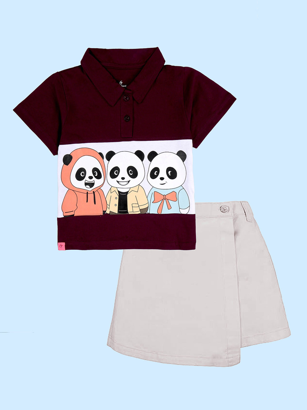 KiddoPanti Girls Panda Graphic Printed Crop Polo Tee & Cotton Twill Over Lap Short Co-Ords